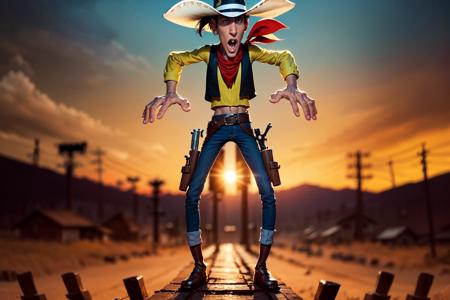 good hand,4k, high-res, masterpiece, best quality, head:1.3,((Hasselblad photography)), finely detailed skin, sharp focus, (cinematic lighting), night, soft lighting, dynamic angle, [:(detailed face:1.2):0.2],
1man, Lucky luke, yellow shirt, black sleeveless jacket, jean, cowboy hat, red bandana, (bilateral symmetry:1.5),  (establishing shot:1.5), saloon, weapon, guns, western scene