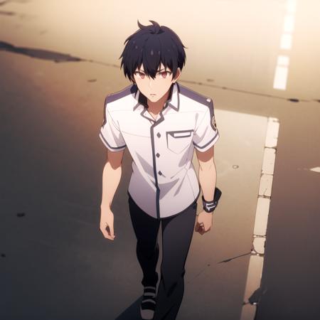 1boy, solo, black hair, male focus, uniform, white shirt, (brown eyes|red eyes:0.75), expressionless, standing, walking, <lora:AnosVoldigoad:0.6>