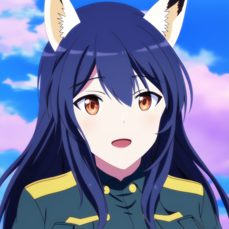 portrait, (solo, 1girl), night time, dark, large breasts, (Orange eyes), long hair,(Dark Blue hair) drill hair, (Dark Yellow military uniform), sky, clouds background, best quality, 1girl, dog ears, smirk, open mouth, (anime, waifu, new, newest:1.2), looking at viewer, <lyco:NotSHAFT-v3.75-epoch04-AdamW8Bit-WD15BWeeb:0.5:1.0>, (anime:1.0), notshaft style