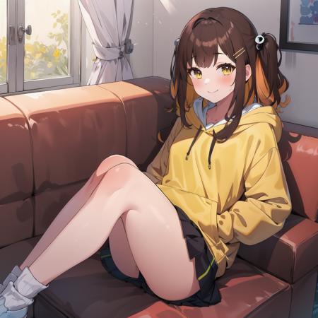 (1girl, solo, masterpiece, best quality, extremely detail), (brown hair, multicolored hair, blonde hair, hoodie, yellow eyes, hairclip, pleated skirt, two side up, hair bell, drawstring, miniskirt, round_face, long hair) <lora:temtemburin_v1-000008:0.7>, light smile, indoors, on couch, watercolor <lora:watercolor:0.35>