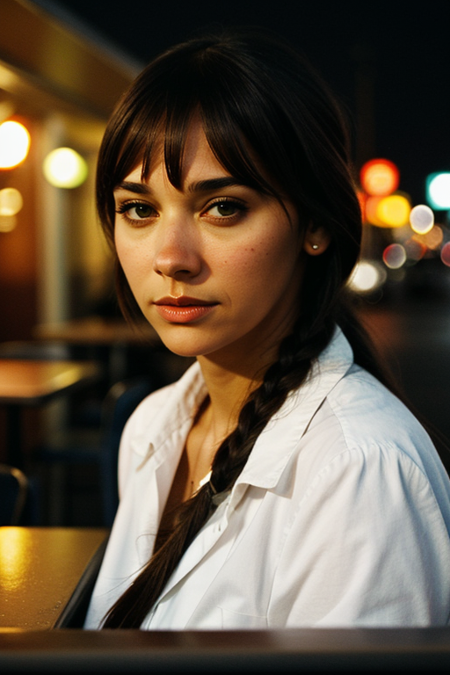 RashidaJones, portrait of a woman in front of a diner at night, raining, perfect eyes