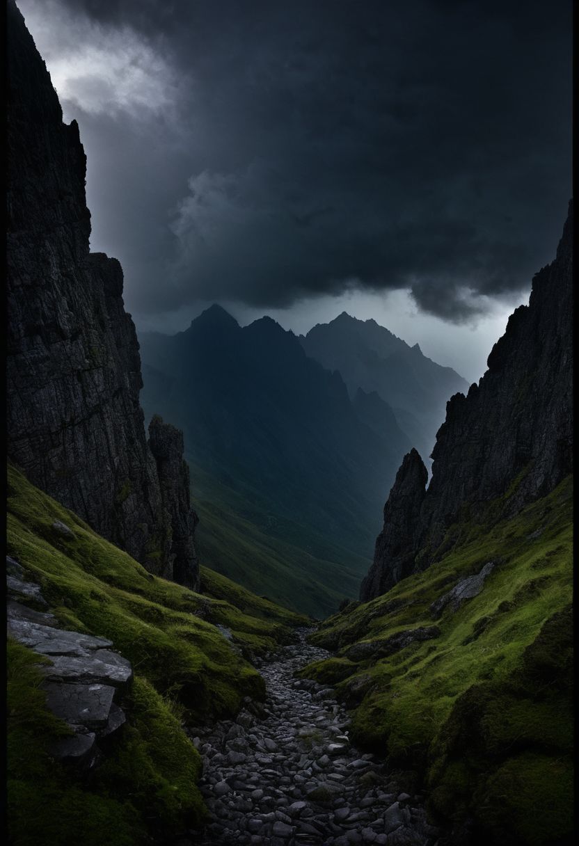 soaked_kaffee, A winding mountain passage stretches ahead, its path flanked by towering, jagged peaks. The atmosphere is heavy with an ominous sense of foreboding, as shadows deepen across the rugged terrain. The journey appears dangerous, with treacherous cliffs and hidden perils awaiting travelers. The passage is framed by a stormy sky, with dark clouds swirling menacingly above, casting an eerie light on the rocky path.