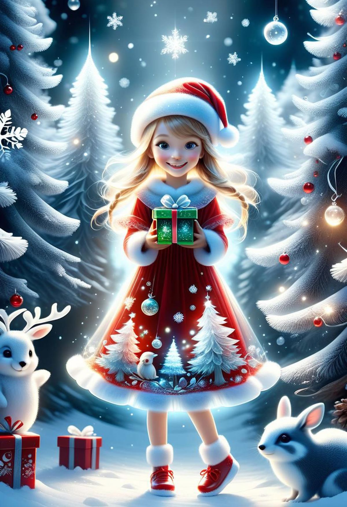 A Smiling Cartoon Girl in a Christmas Dress Holding Presents.