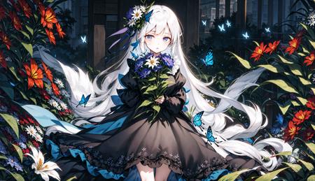 (masterpiece:1,2), best quality, 1girl, flower background,dark background, flower
solo, bug, blue eyes, butterfly, dress, holding flower, looking at viewer, white hair, black dress, long hair, holding, yellow flower, bangs, parted lips, puffy sleeves, long sleeves, white flower, blue butterfly, purple flower, flower field, tulip, standing, daisy, cowboy shot
 <lora:Mystic Midnight Garden Flower Background:0.5>
, ke-ta <lora:ke-ta:1>