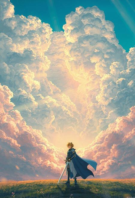 Vertical 9:16 anime-style sky in ultra-detailed 4K resolution. A vast, painterly sky stretches endlessly, filled with massive, textured clouds in complex folds, subtle contours, and soft ridges. Gaps between the clouds reveal patches of baby-blue sky and warm sunlight beams filtering downward. Below, the scene shifts to a mystical landscape where Saber from Fate/stay night stands in the center. She is in her iconic armor, with Excalibur in hand, the sword glowing faintly in the soft light. Her blue cape flows in the wind as she gazes into the horizon, ready for battle. The atmosphere is dreamy and emotional, with pastel colors of blue, pink, and golden light blending together. The background is ethereal and magical, filled with soft edge lighting, layered depth, and a subtle ambient haze, creating a nostalgic, cinematic mood."