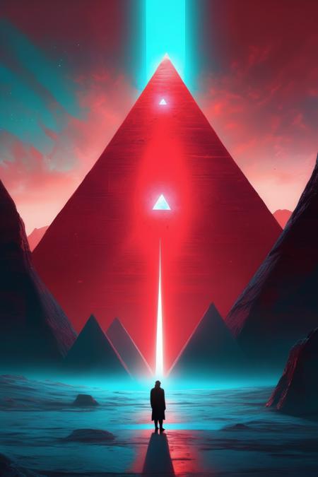 <lora:Christopher Balaskas Style:1>Christopher Balaskas Style - some pyramids, a man standing in front of them, and a bright light, in the style of beeple, romantic ruins, aleksi briclot, calming symmetry, mountainous vistas, light red and cyan, mesmerizing optical illusions