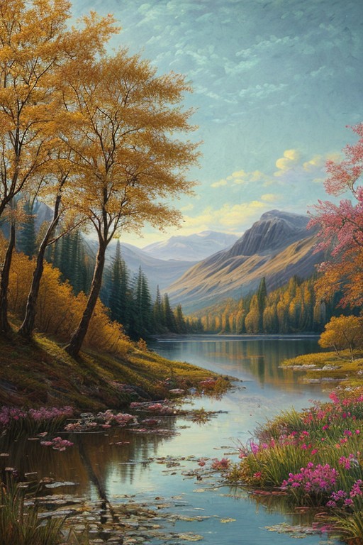 beautiful, ((masterpiece:1.4)), ((best quality:1.2)), intricate details, highland landscape, trees, flowers, crystal clear lake, highres, realistic,UHD, sharp focus, mesmerizing, ultra detailed, high texture resolution