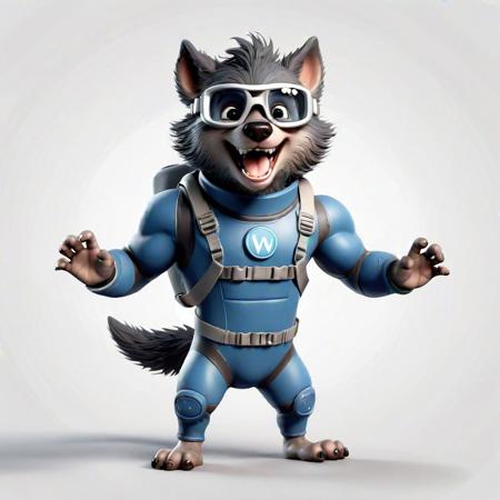 Cute and adorable baby werewolf with full body, oxygen tank and goggles, excited and happy expression, wearing wetsuit on body, expresses various movements, 2d cute, happy, fantastic, dreamy, illustration, 3d three-dimensional, centered, professional no see. Soft, modern and cool. It has graphics, line art, and a white background.