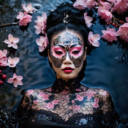 Surrealist art A raw face closeup photo of a woman,(wearing intricate traditional Oni Mask),tattooed, straight black hair, wearing a delicate black and pink dress accentuated by black lace, (laying down in puddle of shiny black liquid oil),pink cherry blossoms,largebreasts,cleavage,dim lighting,floating dust particle, bokeh,view from above,best quality,HD,highly detailed,bokeh,macro photography,   . Dreamlike, mysterious, provocative, symbolic, intricate, detailed