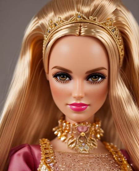 doll barbie, gold, Miniature Core, Miniature World, dress pink,   intimate portrait composition, Leica 50mm, f1. 4,Highly Detailed,(Low Contrast:1.3)