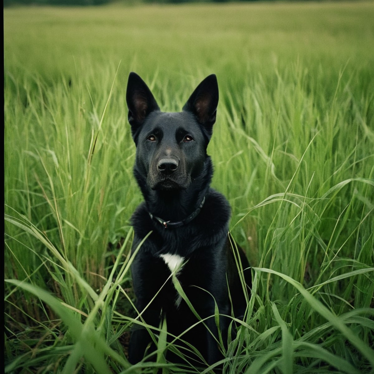 cinematic film still of <lora:Film Grain style:1.2>
Film grain still image of a dog sitting in a field of tall grass,1girl...