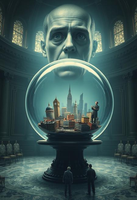 The image depicts a city trapped within a glass sphere, a delicate yet impenetrable prison that isolates it from the outside world. This sphere rests on a table in a grand hall.
Inside the sphere, the tiny inhabitants of the city, aware of their confinement, look up with awe and terror. They see a giant face looming above them, peering down into their world. For them, this person outside the sphere fills the sky like an omnipotent being, creating a blend of fascination and fear as they observe this colossal figure.
The hall remains eerily silent, heightening the drama of the scene. The encounter between the tiny observers inside the sphere and the observed figure outside is filled with wonder and subtle horror. Both sides experience a strange mix of power and vulnerability in a moment that is deeply unsettling and captivating.