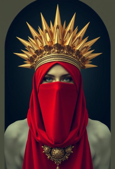 symmetrical front view of a lady in red veils her face and has a large golden spiked crown, in the style of celestial fashion, otherworldly beauty, davide sorrenti, celestial punk, album covers, fra angelico, aykut aydogdu, queencore, golden age aesthetics