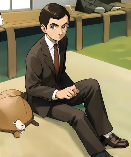 mrbean, sitting down, indoor, park, grass, bench, brown suit, long brown pants <lora:Mr_Bean-15:0.75> sugimori ken \(style\) <lora:pokemon_v3_offset:1>