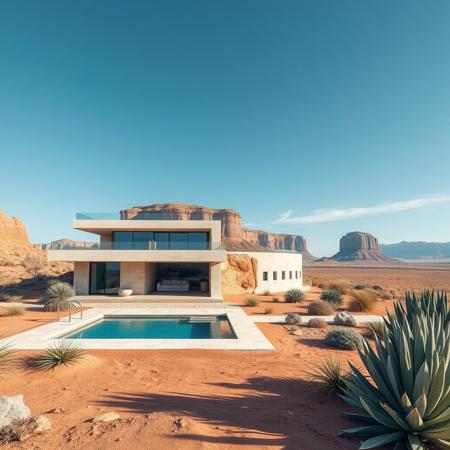 futuristic concrete modern house in a desert, swimming pool, exotic luxuriant vegetation around, monument valley, photorealist, masterpiece, 4k, high details