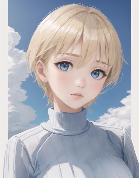 <lora:Nikka-05:1> Nikka , sweater , white pantyhose , blonde hair , blue eyes, short hair, portrait , sky background with border ,