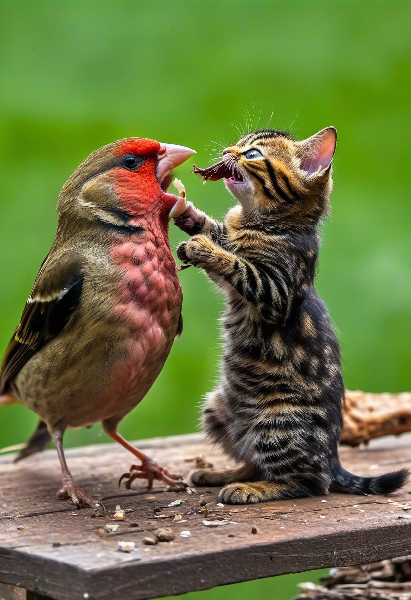 epic photo of a fight between a finch and a kitten, boss battle vibes, high color saturation