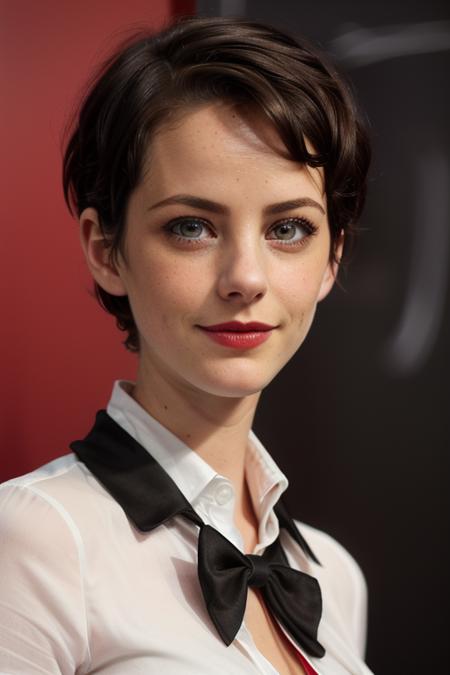 photo of a woman, kayascod, ((shirt, pixie cut, bowtie):1.1), ((closeup, portrait)),((classroom, chalkboard)), ((red lipstick, makeup)), (smile), ((best quality, masterpiece, extreme details, high resolution):1.2),((detailed eyes, beautiful eyes, detailed face, beautiful face):1.2)