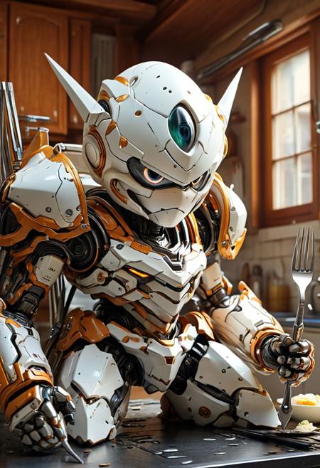 (Image of a goofy hard boiled white egg with eyes and a face and arms and legs in armor and helmet that is holding a fork on the kitchen), 
BREAK
Masterpiece, 8k, sharp image, highest-quality, intricate details, highly detailed, micro-details, micro-details within the micro-details, sharp edges, detailed textures, wide angle, cinematic view, full view, atmospheric lighting, visually stunning, high contrast, fantasy, 1image, trending on artstation <lora:add-detail-xl:1.5>  <lora:Mecha_Ggorgeous_Armor:0.6>  <lora:MJ52:0.4>
