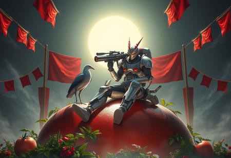 Create a hyperrealistic, highly detailed illustration of Optimus Sun Orientation, a merged character sitting on a Tomato Paradise, inspired by Avigdor Arikha and Greg Rutkowski. The character should wear a flight suit, hold a rocket launcher, and be accompanied by a standing bird. The scene should have red banners, be symmetrically composed, and feature a glow effect. The image should be rendered in Unreal Engine 5 with Octane Render and cinematic lighting.