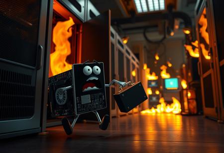 Dramatic action chase closeup, 3d animation with flat shading, dark server room, A motherboard graphics card from a computer with a panicked face with two metal thin legs holding a suitcase while running away out  of door, open computer case in background, burning computer, chaos, many burning computers