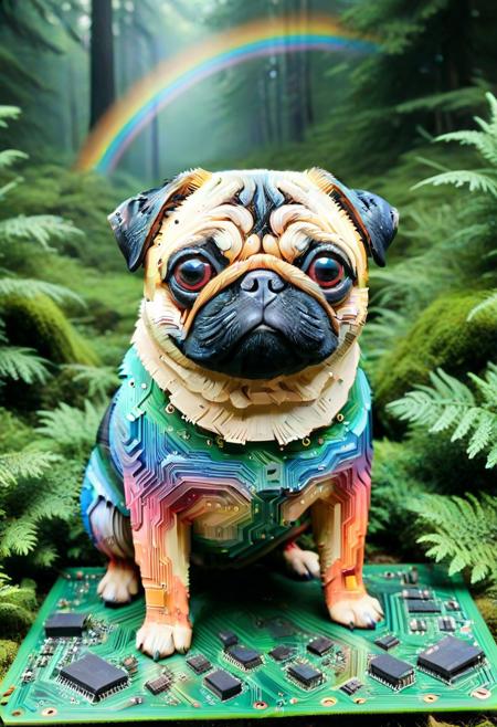 Masterpiece, Highest Quality, Latest, Ultra High Definition,
Very Aesthetic, Very Detailed, 16K,
PCB Style, Cute pug, pug Made of PCB, Rainbow-colored PCB
Landscape, Outdoor, forest Background,
No People,