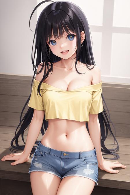 1girl, solo, long hair, navel, black hair, off shoulder, shorts, shirt, smile, midriff, breasts, open mouth, off-shoulder shirt, crop top, looking at viewer, short shorts, bare shoulders, medium breasts, yellow shirt, black eyes, cleavage, :d, yellow shorts, ahoge, crop top overhang, thighs, stomach, collarbone, skirt, blue eyes, short sleeves<lora:SilvermoonMix01_2:1>