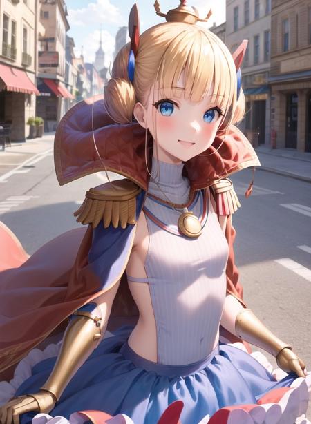 1girl,masterclass,best quality, upper body, outdoors, city,smile, pendant watch,   blue_skirt, blunt_bangs, epaulettes, red_cape, striped_leotard,  tutu,french flag, single_gauntlet,  two_sided_cape,  LeTriomphantDefault ,   <lora:LeTrionphant_e6:1>