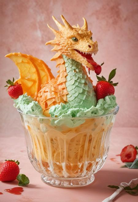 A whimsical and creative visualisation of a dragon-shaped ice cream, intricately detailed scales, crafted from mint and orange flavors, drizzled with strawberry syrup, served in a wide glass dish, creative food photography