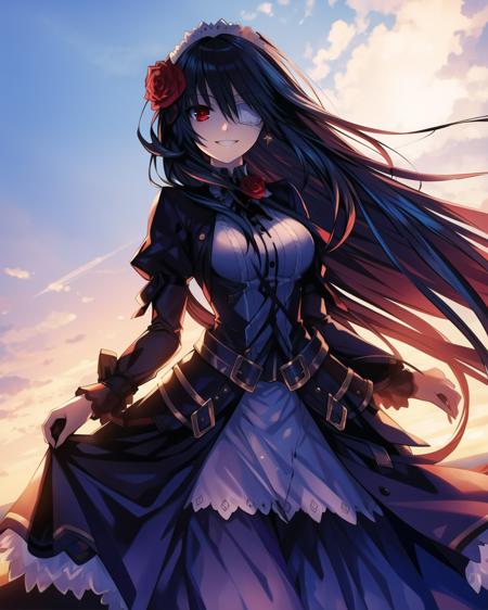 masterpiece, best quality, ((dynamic_angle)),outdoors,

1 girl solo,((medical))_eyepatch,red_eyes,loose_hair,very_long_hair,gothic_lolita,hair_flower,glowing_eyes,floating_hair,smile,

<lora:kurumi2:0.6>