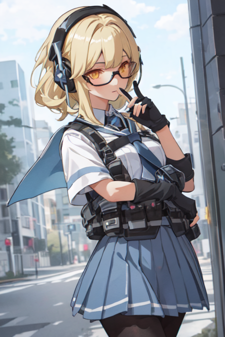 LumineGunner, 1girl, solo, tinted eyewear, pleated skirt, blue skirt, blonde hair, hair ornament, black gloves, school uniform, yellow eyes, hair flower, pantyhose, sidelocks, fingerless gloves, headset, elbow pads, bulletproof vest, 