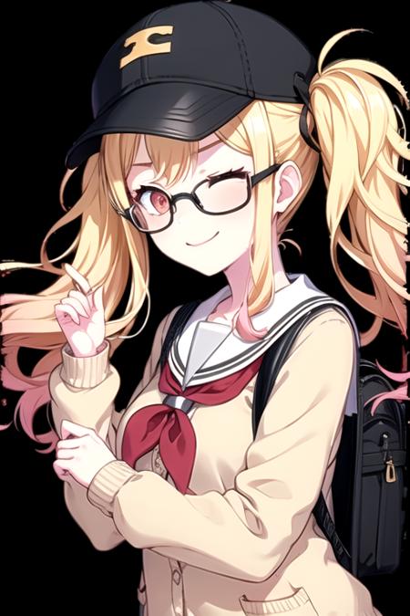 <lora:TenmaSaki-03:0.75>,10ma_s, 1girl, solo, long hair, looking at viewer, smile, blonde hair, simple background, long sleeves, hat, twintails, closed mouth, school uniform, upper body, pink hair, one eye closed, serafuku, pink eyes, sailor collar, bag, neckerchief, black headwear, buttons, wavy hair, sunglasses, backpack, cardigan, black background, baseball cap, red neckerchief, white sailor collar, ;), tinted eyewear, brown cardigan, yellow cardigan