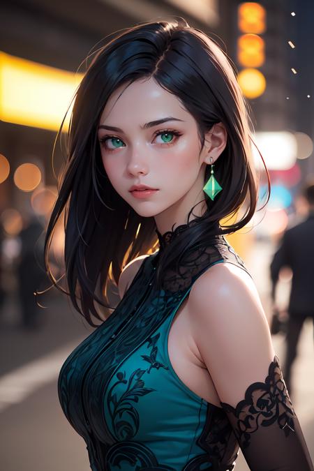 (extremely intricate:1.3), (realistic), photo of a girl in a bustling metropolis, weaving through crowded streets and dark alleyways, close up, Detailed clothes, green eyes, flowing hair, determined expression, shiny glossy skin, subsurface scattering, (sharp:0.7), amazing fine detail, Nikon D850 film stock photograph Kodak Portra 400 camera f1.6 lens, rich colors, lifelike texture, dramatic lighting, urban environment, skyscrapers, neon signs,  dynamic composition, unreal engine, trending on ArtStation, cinestill 800 tungsten, volumetrics dtx, (film grain, blurry background, blurry foreground, bokeh, depth of field, motion blur:1.3),<lora:GoodHands-beta2:1>