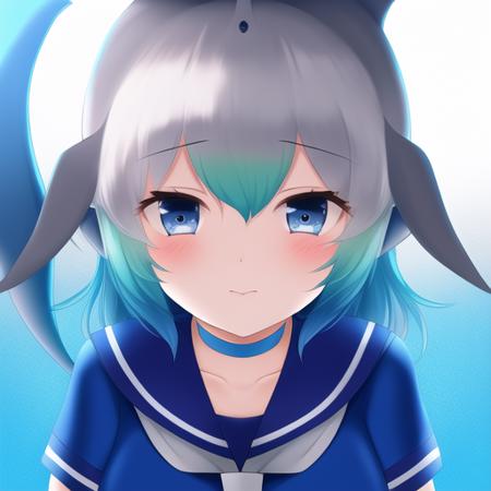 <lora:cbd:0.8>, cbd, solo, 1girl, blue hair, blue eyes, short sleeves, short hair, grey hair, sailor collar, light blue frilled sailor dress, dolphin tail, dorsal fin, blowhole, neckerchief, japari symbol, gradient hair, hair between eyes, bangs, head fins, dolphin girl, choker, collarbone, anchor symbol, detailed shading, detailed ambient light