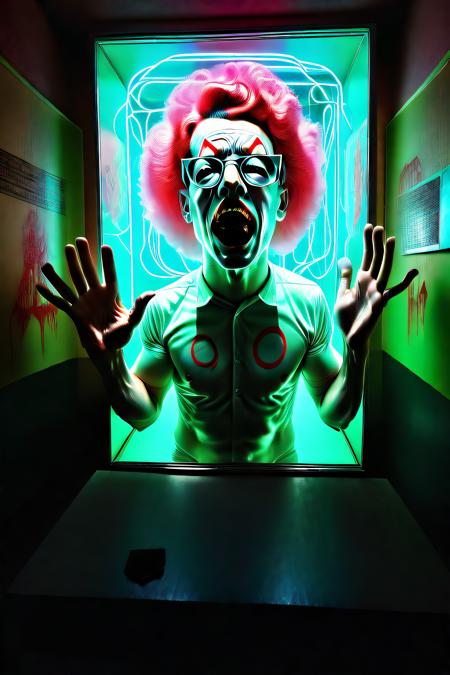 box_art_frenzy a mans face behind neon lights through a glass wall, in the style of sacha goldberger, green and cyan, fish-eye lens, dimitry roulland, surrealistic grotesque, surrealistic horror, walter gropius