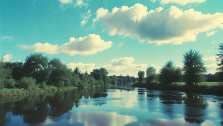 (landscape of a river and trees in the distance with a blue sky in the background and a few clouds in the sky, cinematic movie footage vhs movie, high contrast)<lora:MJ52:1.0>