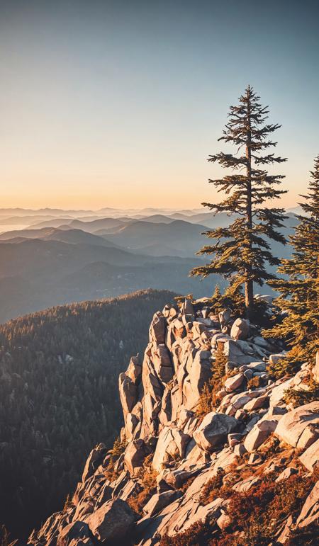 Rocky top of Canadian Mountain Landscape. Sunny Sunset Sky. Top of Mt Seymour near Vancouver, British Columbia, Canada. Dramatic unusual scene. Beauty world. Retro filter and vintage style. Instagram toning effect, breathtaking photograph.