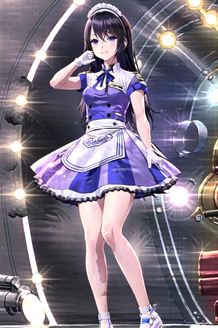 solo, 1girl, otoha hiiragi, idol, maid headdress, blue and white dress, short sleeves, white gloves, white socks, black mary janes, smile, looking at viewer, standing, stage, stage lights, indoors, full body, <lora:negative-e12-15:-1.5>