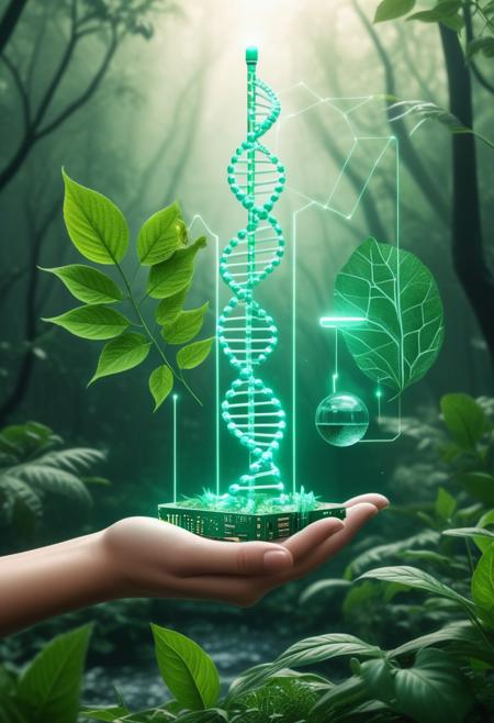 A symbolic representation of bioethics, 
featuring a balance between nature and technology. On one side, 
a human hand holds a DNA strand surrounded by green leaves and plants, 
symbolizing life, 
growth, 
and nature. On the other side, 
a robotic hand holds a circuit board with glowing lines, 
representing technology, 
artificial intelligence, 
and scientific advancement. Between the hands, 
a scale balances the ethical dilemmas of science and nature. In the background, 
a peaceful landscape merges with futuristic cityscape, 
illustrating the harmony and conflict between these two realms, 
incorporate animals, 
Broken Glass effect, 
no background, 
stunning, 
something that even doesn't exist, 
mythical being, 
energy, 
molecular, 
textures, 
iridescent and luminescent scales, 
breathtaking beauty, 
pure perfection, 
divine presence, 
unforgettable, 
impressive, 
breathtaking beauty, 
Volumetric light, 
auras, 
rays, 
vivid colors reflects
