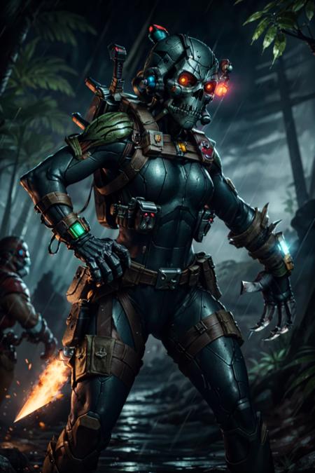 photo of , eversor , ((solo:1.3)), face mask, skull mask, glowing eyes, full face covering, glowing claws, running, black bodysuit, reverse grip knife, <lora:tool - add_detail:0.5>
battle, army, firing, gun,
standing by massive tree, lush jungle, rain forest, dark ambiance,<lora:Officio Assassinorum MK1 by CARAXES:0.7>