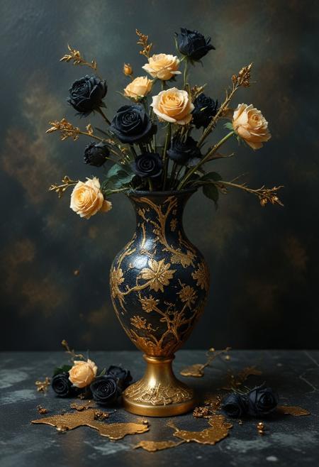 tilt-shift photo of best quality double exposure complex surreal painting on cracked paper, macro, microworld,  hyperdetailed,   insanely detailed ,black roses in vase, bouquet of black roses, ceramic vase, gold dragon on vase, black marble floor, sitting on floor, dark background, big eyes 32k, by Rockwell, WLOP Ryniac, Craola, Disney, van Gogh, highly detailed, intricated, intricated pose, high quality, centered, perfect composition.,
<lora:Midjourney_-_SemiReal_Dreams_FLUX_LoRA:1>,<lora:hyper-detail-illustration:1>, Selective focus, miniature effect, blurred background, highly detailed, vibrant, perspective control