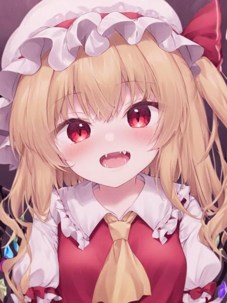 <lora:èå°æµé²:1>,1girl,solo,flandre_scarlet,hat,blonde_hair,wings,mob_cap,red_eyes,ascot,white_headwear,fang,yellow_ascot,vest,puffy_short_sleeves,red_vest,bangs,hat_bow,one_side_up,shirt,crystal,long_hair,skin_fang,