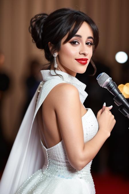 photo of  cmilacabo,  a beautiful woman, closeup zoomed in tight crop portrait, hair updo, smiling, red lipstick, wearing a blue high collar ball gown with white shawl , dressed as Cinderella,  at an award show, microphone,  bokeh,  foreground objects background details (masterpiece:1.2)