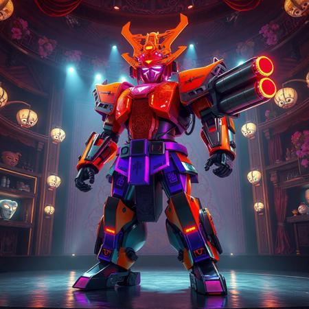 "Ultra-detailed 3D render of Superheavy Samurai Commander Shanawo, a towering mechanoid with a massive kabuto-style helmet glowing in vibrant tangerine and neon violet armor. Its compact torso features intricate Edo-period engravings, while the right arm mounts a colossal plasma cannon with glowing energy coils. Standing in a dynamic iaijutsu stance on the stage of the Abyss Playhouse - Fantastic Theater, surrounded by floating kabuki masks and shelves of retro mecha models. The theater boasts neon-lit proscenium arches, holographic cherry blossoms, and velvet curtains embroidered with circuit patterns. Dramatic Dutch angle shot with Unreal Engine 5 realism, Octane Render textures, and Raphael-style chiaroscuro lighting. Metallic surfaces reflect holographic spotlights, while splash ink effects blend with cel-shaded accents for a retro-futuristic aesthetic. 8K resolution, hyper-detailed facial sensors, ArtStation-trending composition, golden ratio framing, dominated by electric orange and royal purple with chromatic distortion flares."