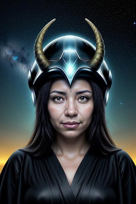Cinematic, futuristic scene featuring a close-up portrait of a mysterious figure wearing a dark, flowing robe. The figure stands in a serene, dream-like landscape surrounded by massive, ancient pillars, under a vast starry night sky. The figure's helmet is elongated, with a transparent, glowing glass revealing swirling cosmic patterns and electric energy, evoking an otherworldly aura. Two large, symmetrical, twisted horns extend from the helmet, blending advanced technology with alien design. In the distant background, tall buildings and skyscrapers rise softly into a horizon with a gentle, ethereal glow, enhancing the enigmatic atmosphere. Highly detailed, hyper-realistic, soft lighting, HKMagic style, face close up,