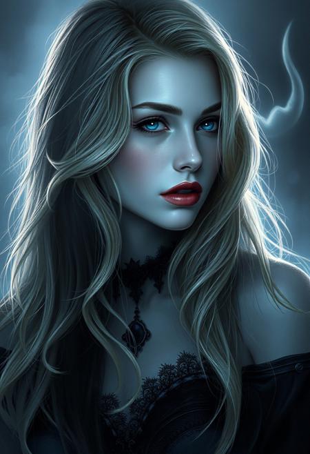 woman, charged atmosphere where something feels about to happen. The air feels thick with suspense, and everything seems focused, waiting for a sudden change, A cool, mysterious art style with soft silver tones and smooth transitions, creating an alluring and mystical atmosphere, with hints of sensuality, Gothic art style, gothic details, dramatic compositions, rich symbolism, blond hair, detailed background