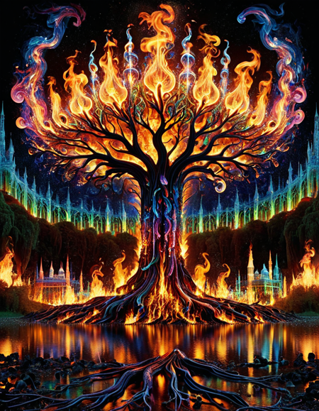 (psychedelic art stylized by Fred Tomaselli:0.9) , abstract art, Cinematic still, landscape of a Charred (ral-mthnl:1.2) and Crystal palace, roots, iconic text and symbols, exploring movement and balance, cinemascope, heroic, <lora:ral-mthnl-sdxl:0.85>, elaborate, glossy, creative, aesthetic