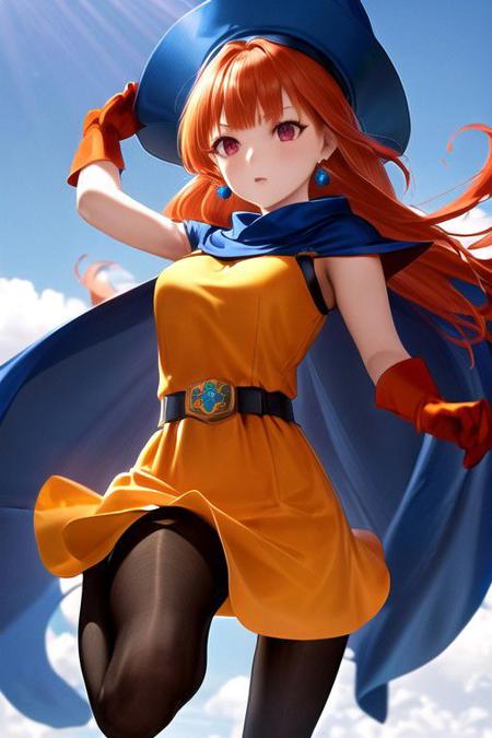 Alena is an amazing girl, red eyes, orange long hair, splashed hair tips,  blue hat, earrings, blue cape, yellow dress, short sleeves, belt, gloves,  skirt,  ( low saturation) , black pantyhose, in wild, beautiful sky, Fixhand, jumping , dancing