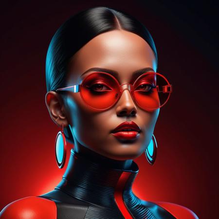 Ultra realistic color pencil  image of
Create a highly stylized, futuristic portrait featuring a confident woman with bold makeup and red-tinted circular sunglasses. She has an air of authority and elegance. The background is a solid, intense red, creating a striking contrast with her smooth, illuminated skin. The lighting is dramatic, highlighting her facial features and casting subtle shadows. She wears hoop earrings and a high-neck dress, exuding a sense of fashion-forward, cyberpunk aesthetics. The overall style is modern, with a vivid color palette and a focus on strong, geometric shapes and clean lines.
BREAK
Dark theme, dynamic lighting, (soft shadows), (soft focus), (photo realistic), uhd, 8k
