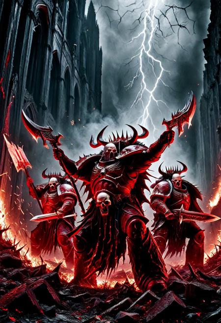 A squad of Chaos Space Marines from the Blood Legion of Khorne, drawn from the World Eaters Traitor Legion, charging together in a brutal battlefield scene. Each marine wears jagged, blood-red power armor forged from bloodsteel, with glowing brass trim and Chaos symbols etched into the plating. Their helmets are horned or skull-faced, some holding chainaxes dripping with gore, others carrying daemon-infused bolters or massive hellblades. Spikes, skull trophies, and runic etchings cover their armor. Ebony and Gold Accents on their Armor, Bone White Horns or spikes.  The warriors are posed in aggressive stances, surrounded by fire, smoke, and the ruins of a shattered cathedral. Lightning flashes in the sky, casting dramatic shadows across their brutalist forms. Behind them, a towering Bloodletter daemon howls in fury. Cinematic group composition, ultra-realistic textures, 8K concept art, grimdark atmosphere, “Blood for the Blood God!”